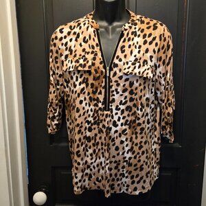 Calvin Klein Rolled Tab Cheetah Print Tunic 1/2 Zip Front Top Size M